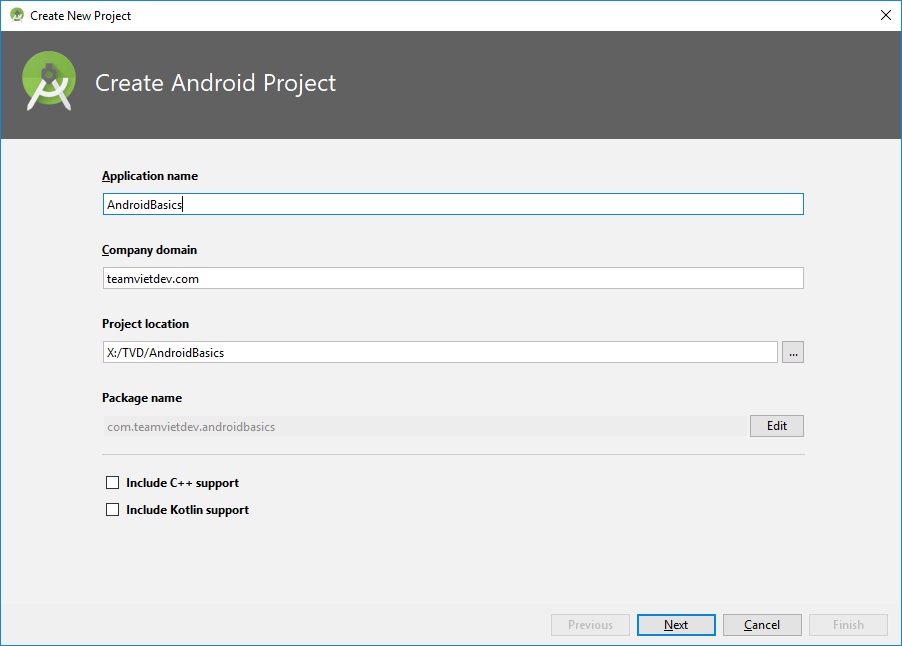 tạo dự án android studio đầu tiên